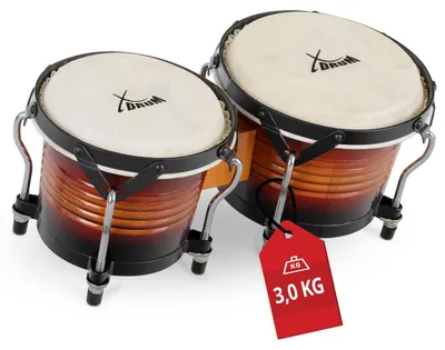 Produktbild von XDrum Bongos Pro Vintage Sunburst - 2 Trommeln mit 6,5" (17 cm) und 7,5" (20 cm) Durchmesser - Bongotrommeln mit stimmbaren Naturfellen und Stimmschlüssel - Holztrommeln Rotbraun