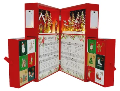 Weihnachtsadventskalender aus Holz, LED-Dorf, 24 Schubladen