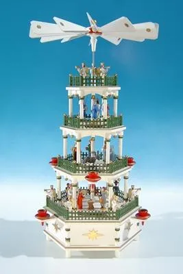 Produktbild von Tischpyramide Christi Geburt 4 Etagen weiß mit Spielwerk BxHxT 28,5x50x28,5cm NEU