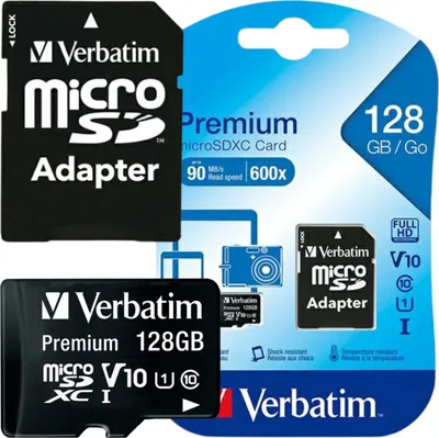 Zdjęcie produktu dla Verbatim Premium, 128 GB, MicroSDXC, Klasa 10, UHS-I, 90 MB/s, 10 MB/s