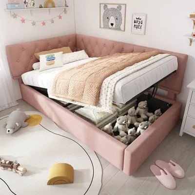 A pink corner bed with storage, filled with teddy bears, in a child's bedroom.
