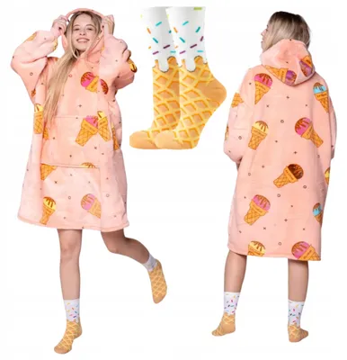 Produktbild von Deckenpullover XXL mit Socken - Kuscheldecke mit Ärmeln - Fleece Eiscreme Muster
