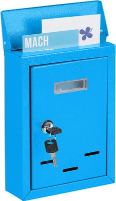 Image de Boîte aux lettres Relaxdays avec plaque nominative, en métal, avec 2 clés, boîte aux lettres étroite, H x l x P : 26,5 x 19 x 6,5 cm, bleue