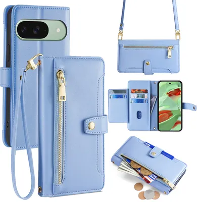 Produktbild von Handykette für Google Pixel 9 Pro – Kunstleder Umhängetasche mit Band in Hellblau