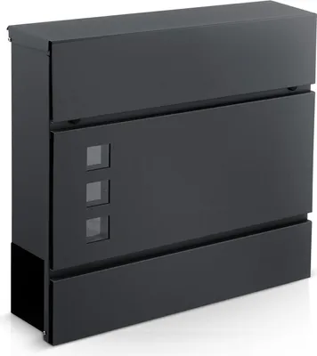 A dark gray mailbox is shown against a white background.