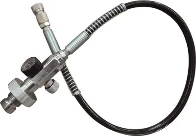 A close-up studio shot of a paintball PCP fill station.