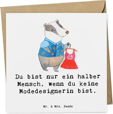 Produktbild von Mr. & Mrs. Panda Klappkarte Modedesignerin Herz - Weiß - Geschenk, anlasskarte, Grußkarte, faltkarte, doppelkarte, Fashion Designerin, Glückwunschkarte, Lustig, Spruch
