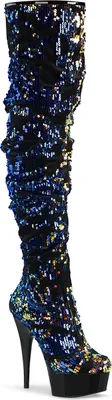 Produktbild von DELIGHT-3004 Pleaser High-Heels Plateau Overkneestiefel blau schillernde Pailletten