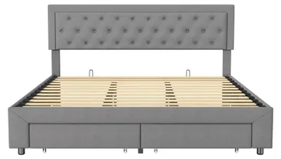 Obrázek produktu pro Čalouněná postel – manželská postel 180×200 cm – dřevěný rám s roštem – úložný prostor pod postelí – čelo postele – moderní design – šedá