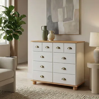Produktbild von Schubladenschrank COLMAR mit 8 Schubladen, praktischer Apothekerschrank in weiß/braun, elegantes Sideboard mit Muschelgriffen