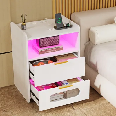 Image de Table de nuit avec éclairage LED avec 2 tiroirs 64×50×40cm blanc