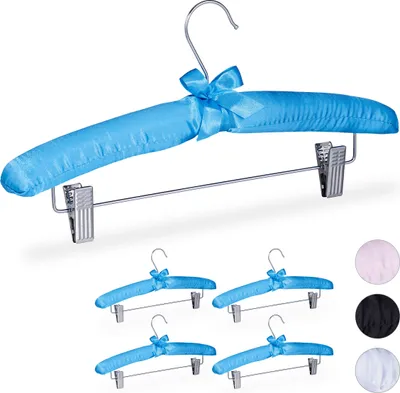 Zdjęcie produktu dla Relaxdays – zestaw 5 satynowych wieszaków na ubrania, wyściełane, styl vintage, regulowane zaciski, obrotowy haczyk, szerokość 38 cm, kolor niebieski