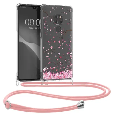 Produktbild von kwmobile Necklace Case kompatibel mit Huawei Mate 20 Hülle - Silikon Cover mit Handykette - Rosa Dunkelbraun Transparent Kirschblütenblätter