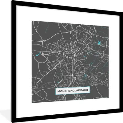 Produktbild von MuchoWow® Gerahmtes Poster Karte - Mönchengladbach - Blau - Stadtplan - Deutschland 40x40 cm - Poster mit Schwarzem Bilderrahmen Wandposter Rahmen Foto Bilder - Poster - Plakat im Rahmen