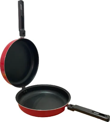 A red double pan with black handles is shown open against a white background.