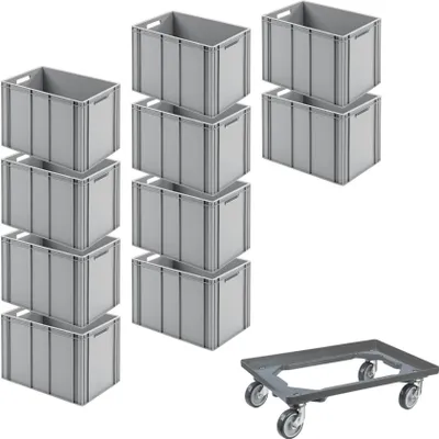 Produktbild von SparSet 10x Eurobehälter mit offenem Griff & 1x Transportroller Grau | HxBxT 42x40x60cm | 70 Liter | Eurobox, Transportbox, Transportbehälter, Stapelbehälter