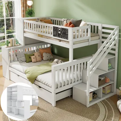 Image de OKWISH Lit Superposé 140x200 cm - Lit Enfant Avec 3 Places, Escaliers Et Armoires De Rangement, 2 Tiroirs, Pin, Sans Matelas, Blanc