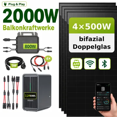 Produktbild von 2000W Balkonkraftwerk mit Speicher 2,24kWh, 4×500W bifaziale Doppelglas Solarmodule, MARSTEK B2500-D, 800W Mikro-Wechselrichter, 5m Kabel, Plug & Play