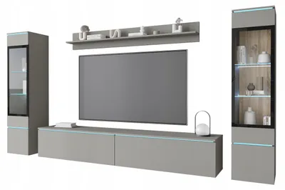 Image de Ensemble de meubles TV moderne pour salon, modèle RTV 180, comprenant une vitrine et une étagère, de couleur grise avec éclairage LED