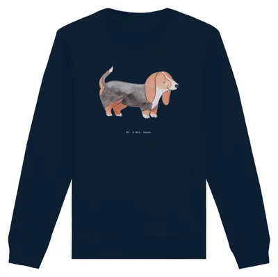 Produktbild von Mr. & Mrs. Panda Baumwoll Pullover Basset Hound Moment Größe S - French Navy - Geschenk, Sweater, Sweatshirt, Bio, Pulli