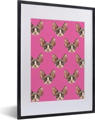 Produktbild von MuchoWow® MuchoWow® Gerahmtes Poster Katze - Rosa - Muster 30x40 cm - Poster mit zchwarzem Bilderrahmen - Wandposter Schlafzimmer