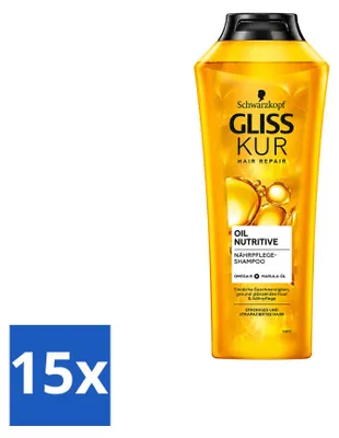 Imagen del producto de 15 champús nutritivos con aceite Gliss Kur para cabello quebradizo y dañado, 400 ml - Paquete económico - 15 unidades