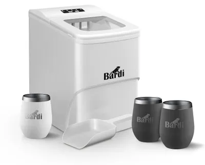 Produktbild von Bardi Eiswürfelmaschine Set – 2 Liter, Weiß – 12 kg Eiswürfel in 24 Stunden – mit Eisschaufel – inklusive 3 hochwertigen Thermoskannen und Eisschaufel – Grau