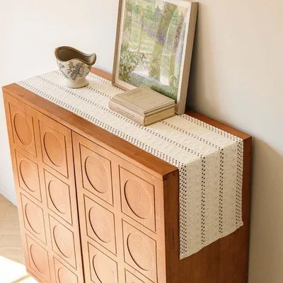 Productafbeelding van Unyqoos® Beige macramé tafelloper, 30 x 140 cm – Bohemien stijl, katoen/linnen/polyester, veelzijdig voor eettafel, bruiloft en decoratie