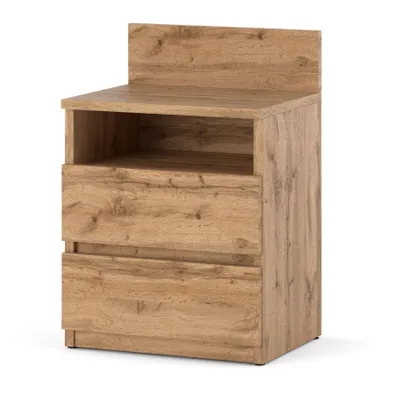 A wooden nightstand with two drawers and an open shelf.