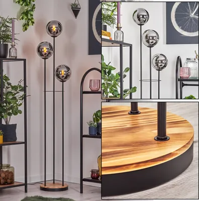 Produktbild von Fossobiubo Stehlampe aus Metall/Holz/Glas in Schwarz/Hellbraun/Chrom/Rauch