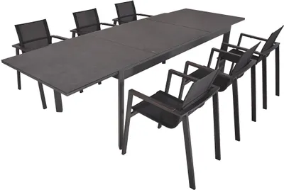 A dining table and chairs set.