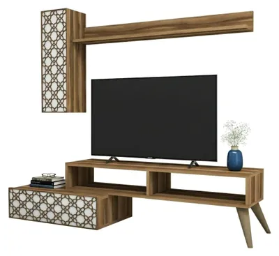 Produktbild von Wohnzimmermöbel Dpinard, Modulares Wohnzimmerset, Mehrzweck-Wohnzimmermöbel, Moderner TV-Schrank, 150x37h38 cm, Walnuss und Weiß