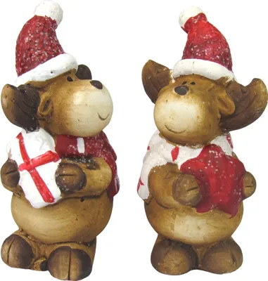 Produktbild von Weihnachtsfiguren - Weihnachtsdeko - 2er Set Dekofiguren aus Keramik, Handbemalt (Elch mit Stern und Paket)