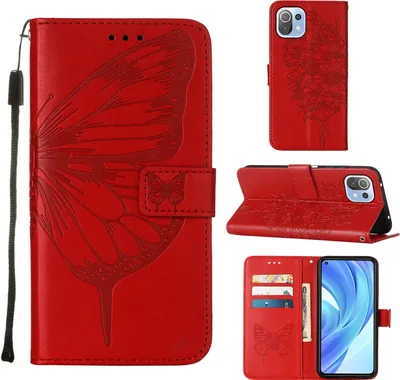 Produktbild von Xiaomi Mi 11 Lite Hülle, Schmetterling Prägung Flip Leder Kartenfächer Schutzhülle Ledertasche mit Ständer für Xiaomi Mi 11 Lite Rot