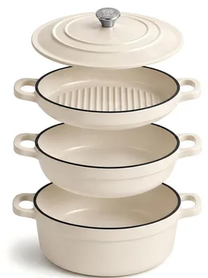 Image de Ensemble de casseroles en fonte émaillée, 4 pièces, comprenant une cocotte en fonte, compatible induction, de 25 cm, de couleur blanche