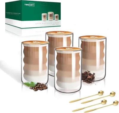 Produktbild von Latte Macchiato Gläser Doppelwandig 400ml 4er Pack mit Löffeln Borosilikatglas