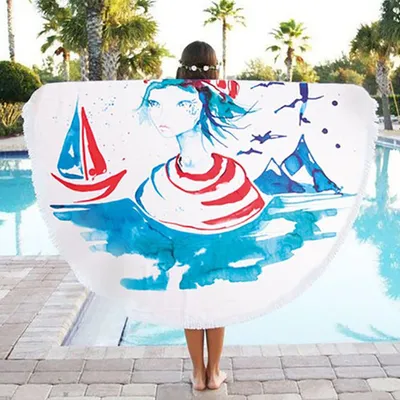 Zdjęcie produktu dla Okrągły ręcznik plażowy Anemoss Marine Collection Sailor Girl, ultrachłonny ręcznik kąpielowy, koc piknikowy bez piasku, koc plażowy o wysokiej chłonności, szybkoschnący, Ø150 cm, biało-niebieski