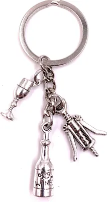 Produktbild von Onwomania Schlüsselanhänger Glas Wein Flasche Korkenzieher Silber Metall Anhänger Charm