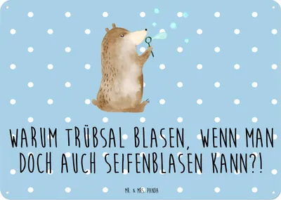 Produktbild von Mr. & Mrs. Panda Schild Bär Seifenblasen DIN A3 - Blau Pastell - Geschenk, Blechschild, Retro, Türschild, Lustig Sein Glücklich Traurig Happy, Wandbild, Teddy, tafel