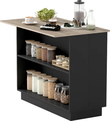 Produktbild von Kücheninsel-Servierwagen mit verstellbarem Einlegeboden, 2 offenen Fächern, 2 Schränken, Arbeitsplatte in Holzoptik, 105 x 60 cm, schwarz