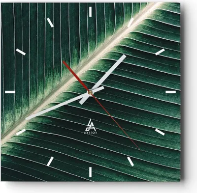 Produktbild von Wanduhr - Quadrat - Glasuhr - Grün Blatt Tropisch - 40x40cm - Schleichendes Uhrwerk - Lautlos - zum Aufhängen bereit - Dekoration Modern - Wanddekoration aus Glas - C3AC40x40-4126