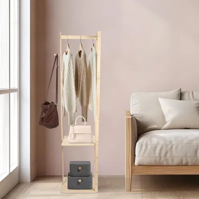 Image de Porte-vêtements en bambou, portant à vêtements autoportant, structure stable, dimensions : 156 x 38 x 30 cm