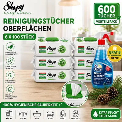 Zdjęcie produktu dla Chusteczki do czyszczenia powierzchni Sleepy Easy Clean – 6 x 100 szt. o zapachu sosny + środek do czyszczenia szyb GRATIS