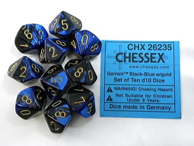 Immagine prodotto di Set di cubi Chessex Gemini nero-blu-oro D10