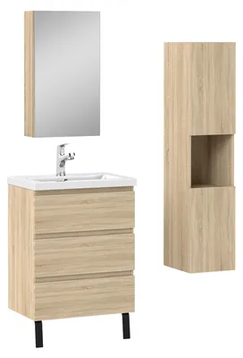 Image de Acezanble Ensemble Meuble salle de Bain avec Vasque, 60cm, 3 Tiroirs + miroir de rangement + colonne 131.5cm, Chêne Suspendu