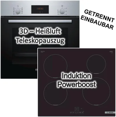 Produktbild von Herdset Bosch Backofen Teleskopauszug 3D-Heißluft + Induktionskochfeld Booster autark 60 cm