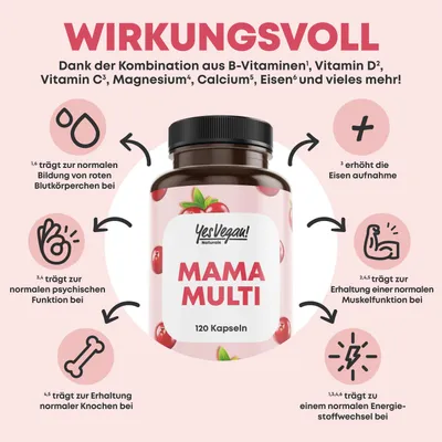 Produktbild von Mama Multi (120 Kapseln für 4 Monate) 3-in-1: Kinderwunsch Tabletten, Schwangerschaftsvitamine und Stillzeit Vitamine - 16 Prenatal Vitamins und Superfoods - VEGAN