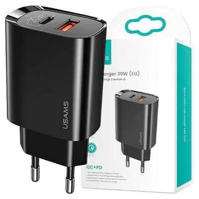 Productafbeelding van Usams telefoonlader, 1x USB-C + 1x USB, 20W, PD3.