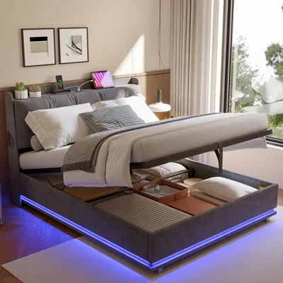 Immagine prodotto di Letto imbottito ProximaX, 140x200 cm, grigio, in velluto, con contenitore, illuminazione LED RGB, porta USB/Type-C e tasche portaoggetti