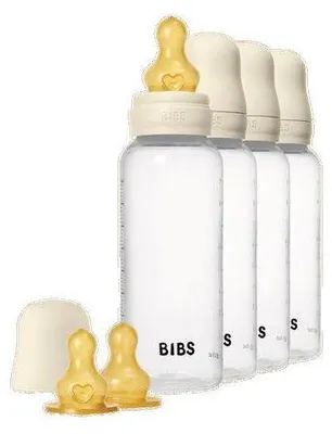 Zdjęcie produktu dla Butelka dla niemowląt BIBS, smoczek okrągły wykonany z naturalnej gumy, pojemność 270 ml, przepływ średni, kolor: kość słoniowa, zestaw 4 sztuki
